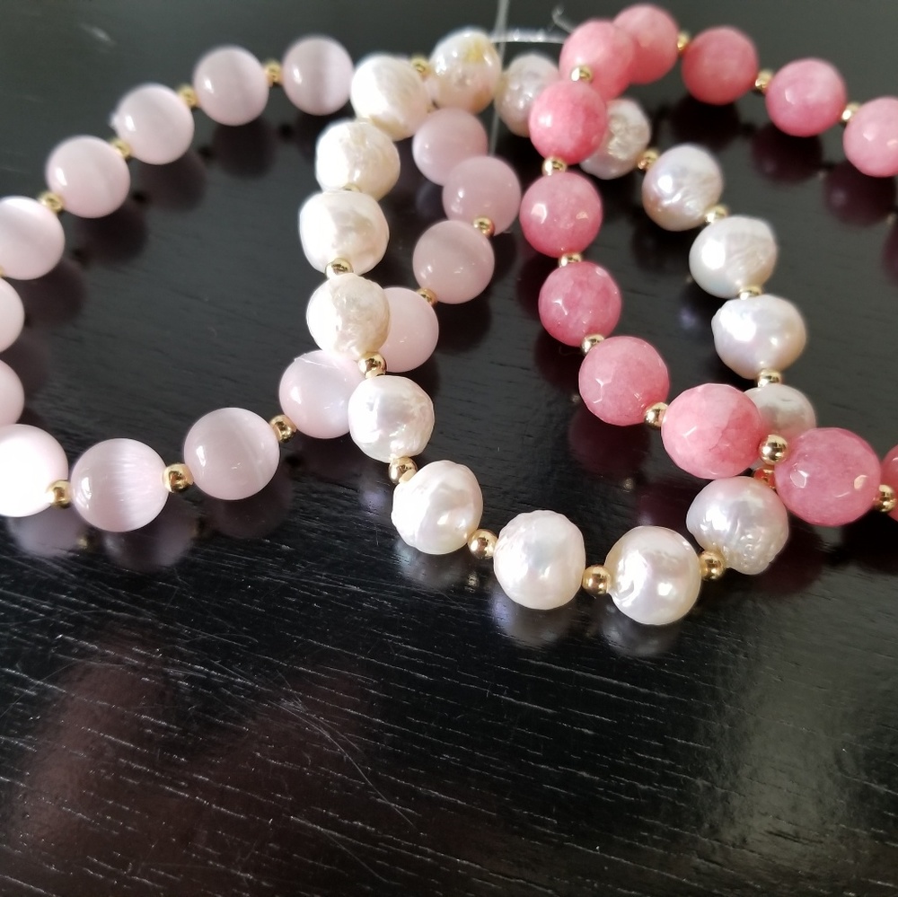 Stretch bracelets 3pc Fiber Optic, Jade and Pearl